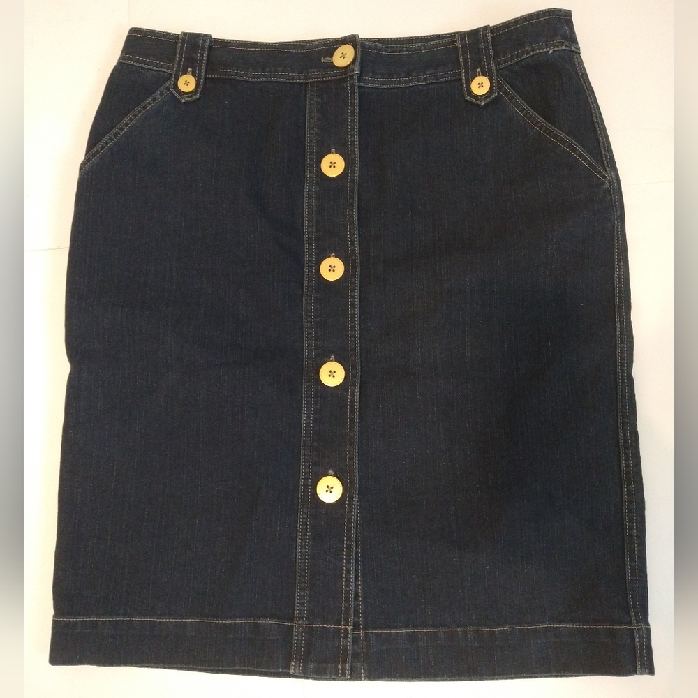 Dana Buchman Women's Straight Denim Jean Skirt W/ Gold Buttons - Size 12 Y2K